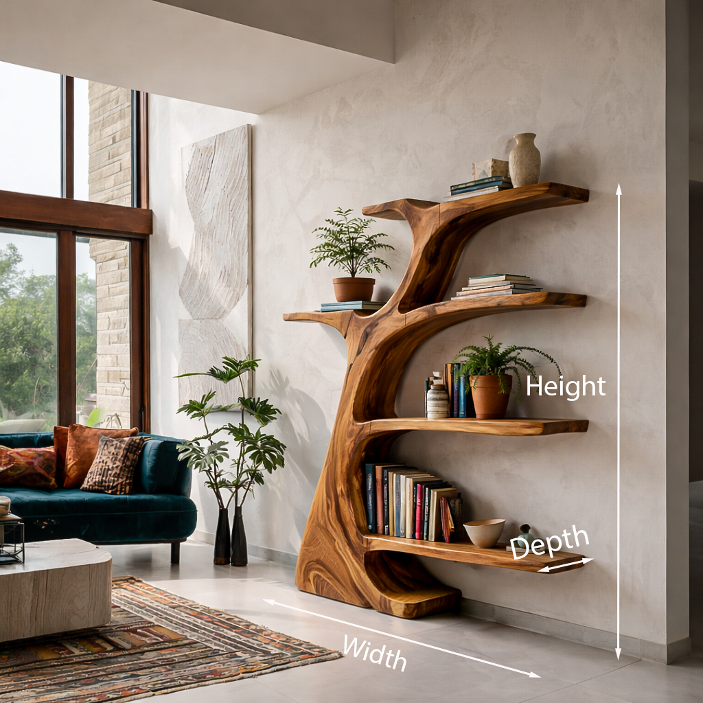Rustic Wooden Curved Bookshelf Tree Design For Living Room