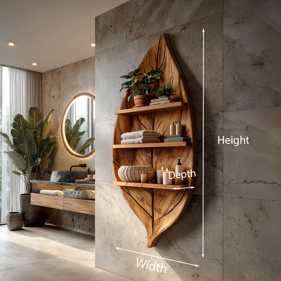 Sculptural Wooden Leaf Bathroom Shelf For Spa Spaces