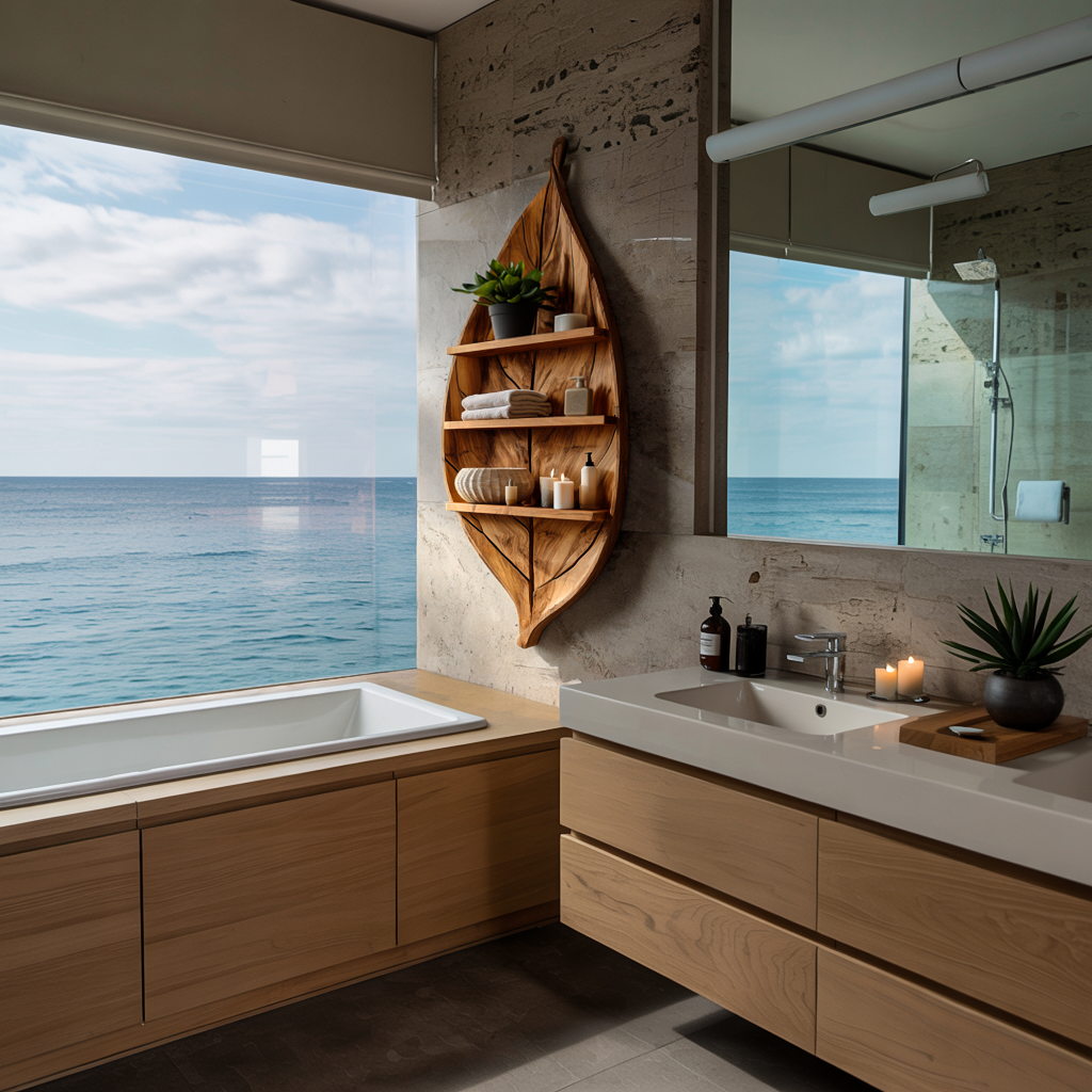 Sculptural Wooden Leaf Bathroom Shelf For Spa Spaces