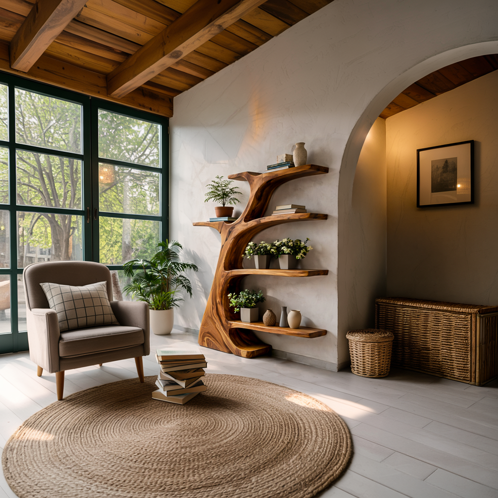 Rustic Wooden Curved Bookshelf Tree Design For Living Room