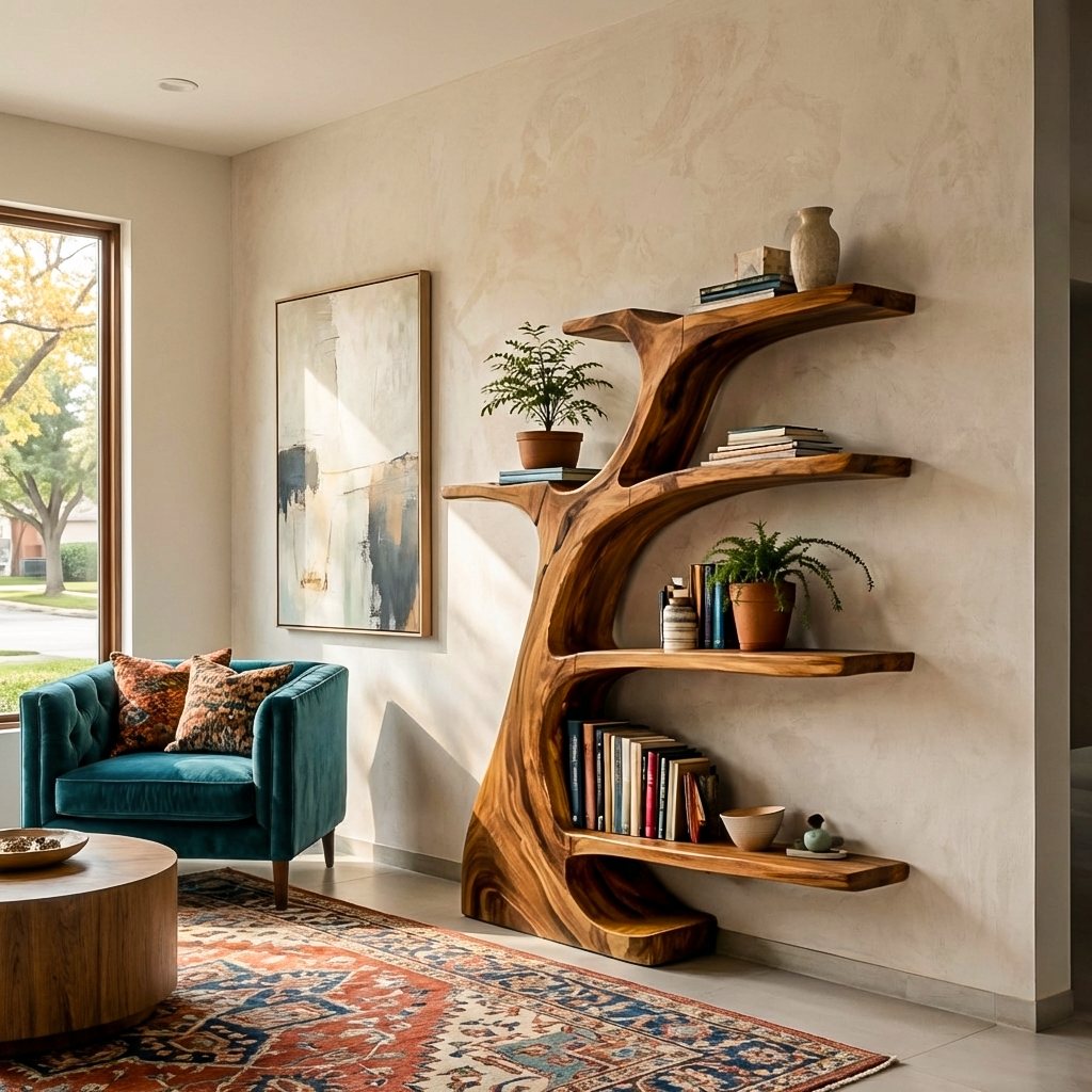 Rustic Wooden Curved Bookshelf Tree Design For Living Room