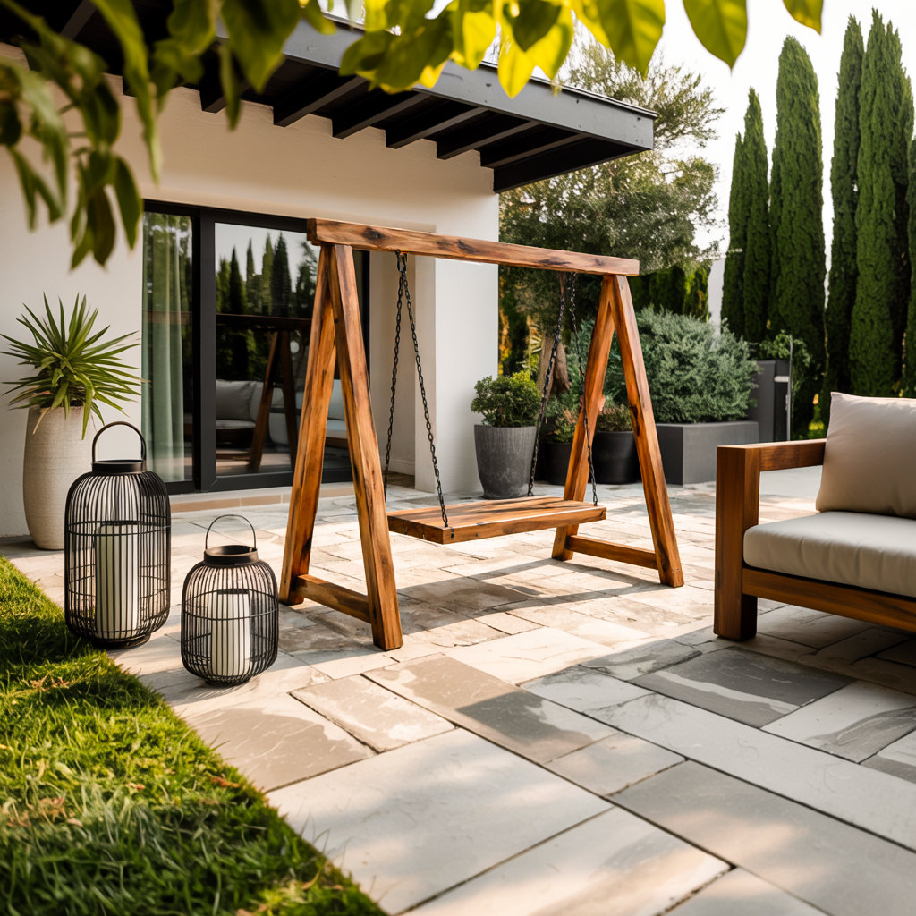 Rustic Wooden Outdoor Swing With A Frame For Garden