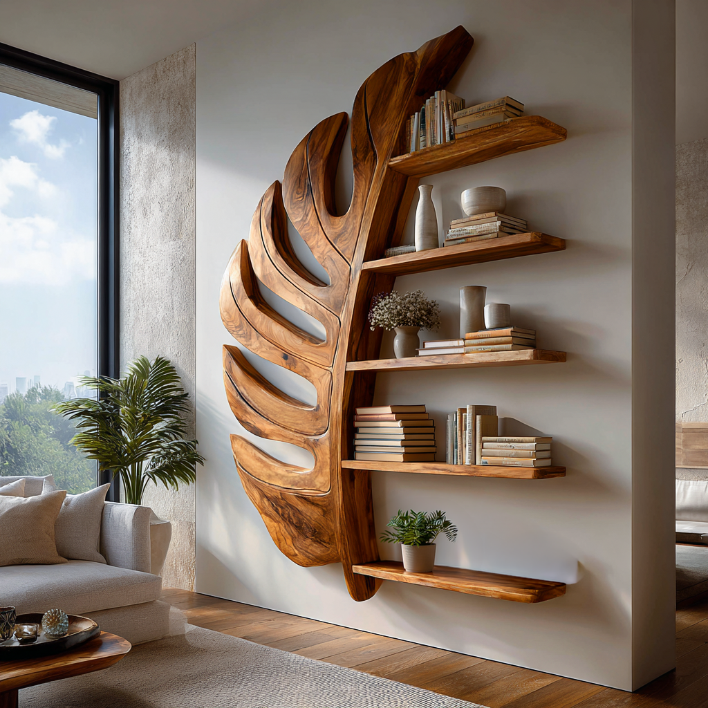 Artistic Wooden Leaf Statement Wall Bookshelf For Elegant Interiors