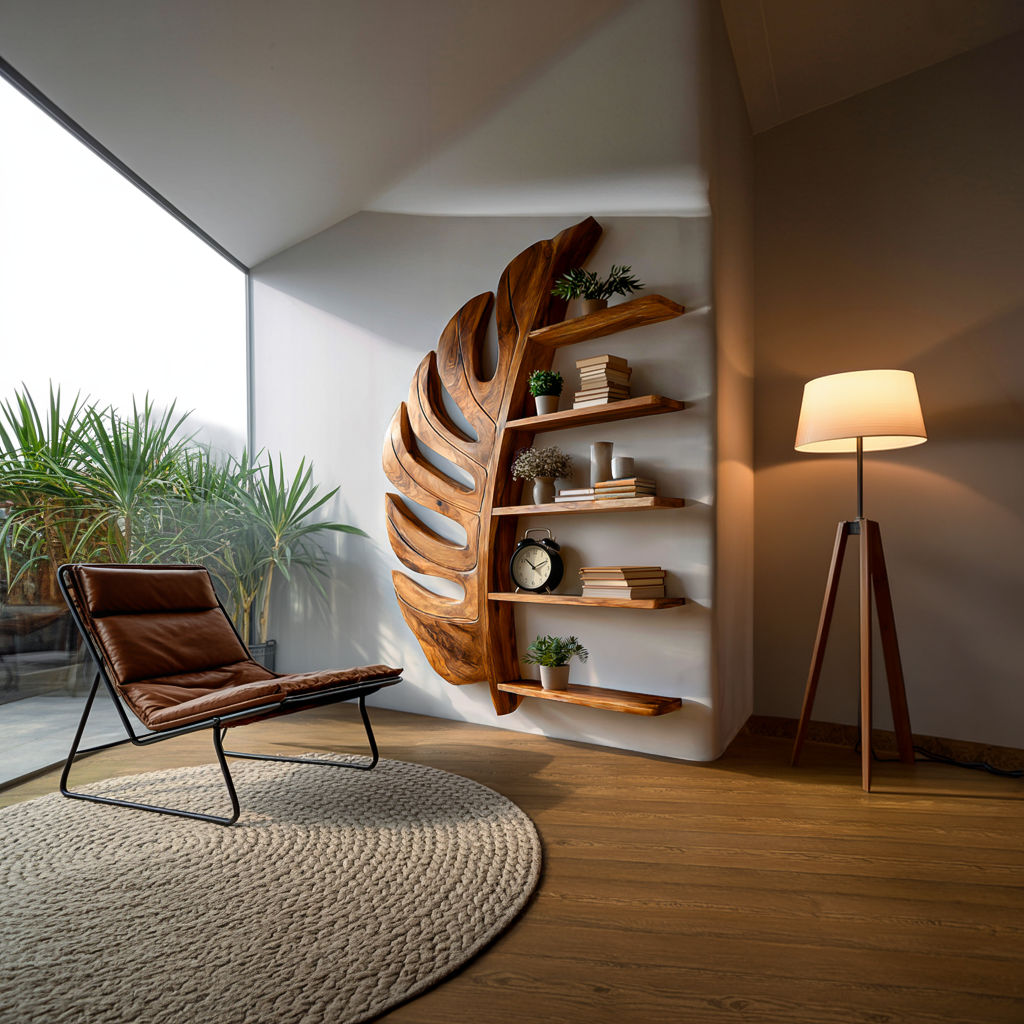 Artistic Wooden Leaf Statement Wall Bookshelf For Elegant Interiors