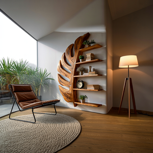 Artistic Wooden Leaf Statement Wall Bookshelf For Elegant Interiors