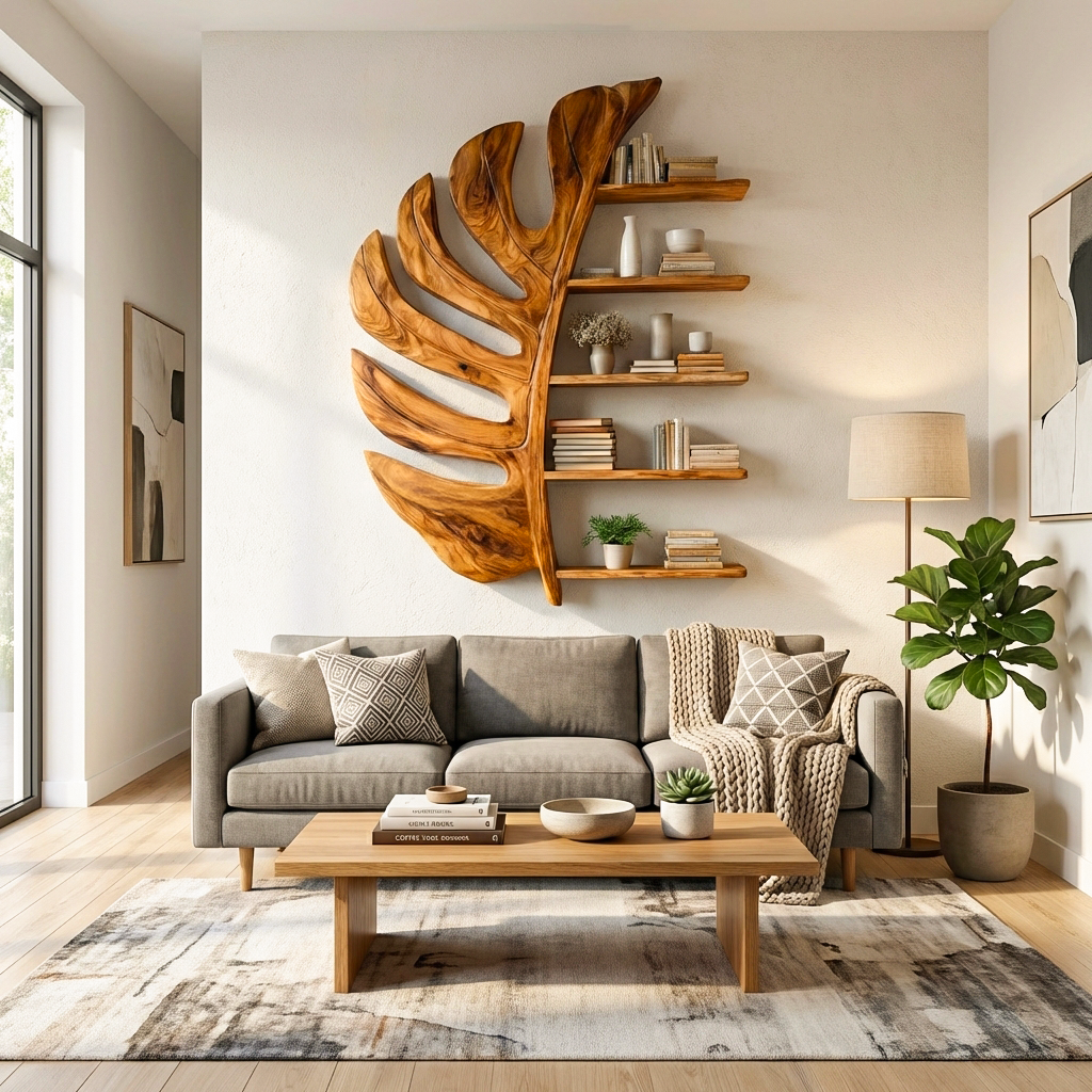 Artistic Wooden Leaf Statement Wall Bookshelf For Elegant Interiors