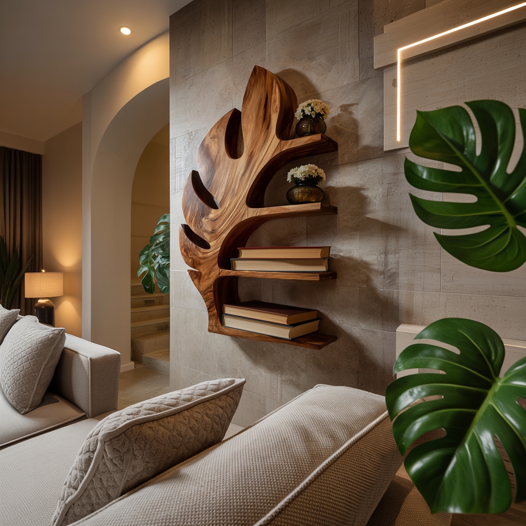 Wood Tropical Botanical Floating Bookshelf For Living Room Accent Wall