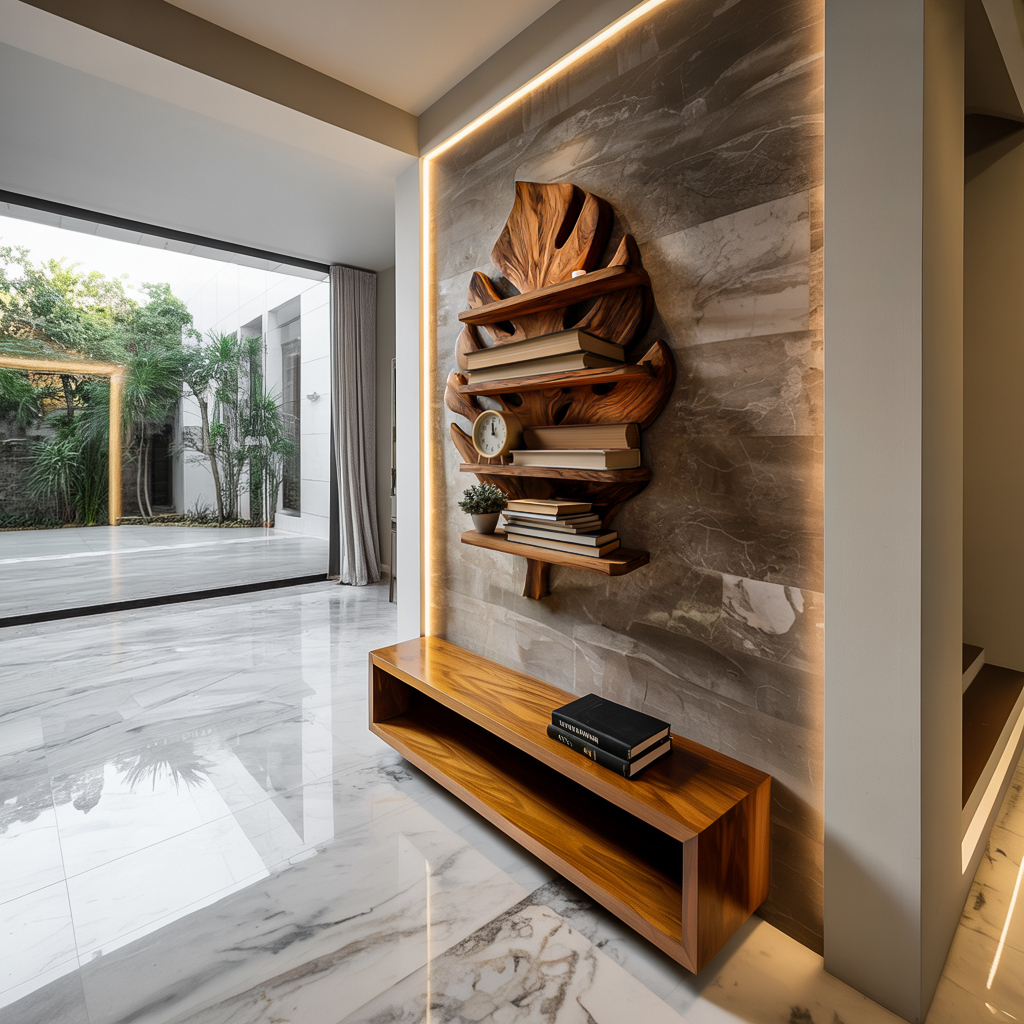 Wooden Tropical Leaf Wall Bookshelf For Living Room