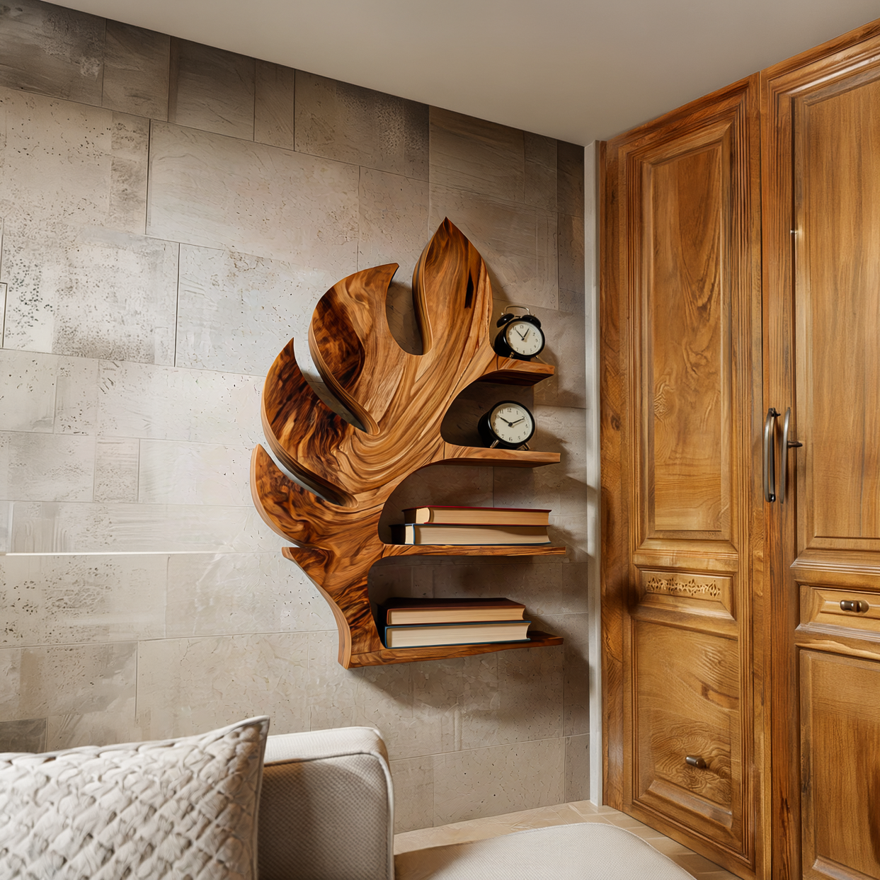 Wood Tropical Botanical Floating Bookshelf For Living Room Accent Wall