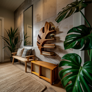 Wood Tropical Botanical Floating Bookshelf For Living Room Accent Wall