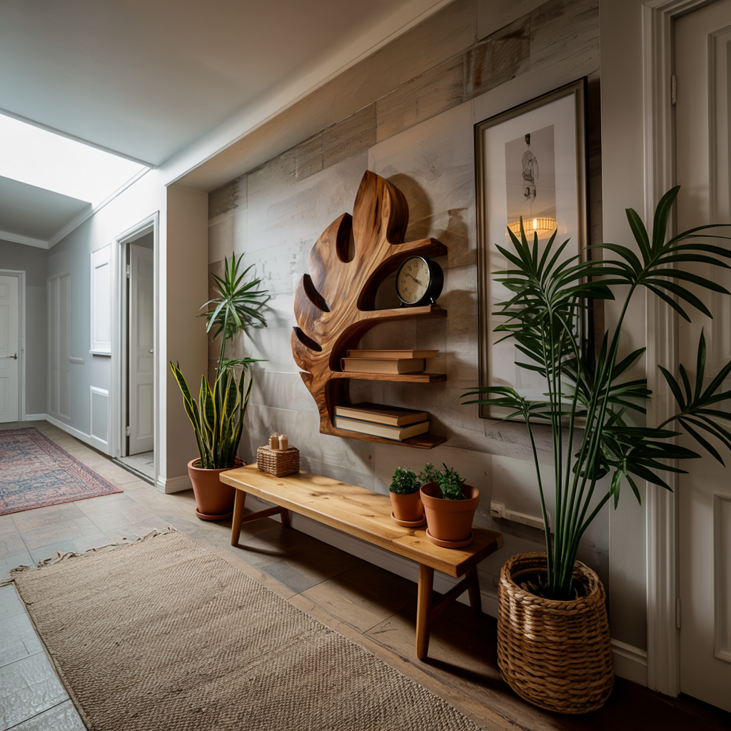 Wood Tropical Botanical Floating Bookshelf For Living Room Accent Wall