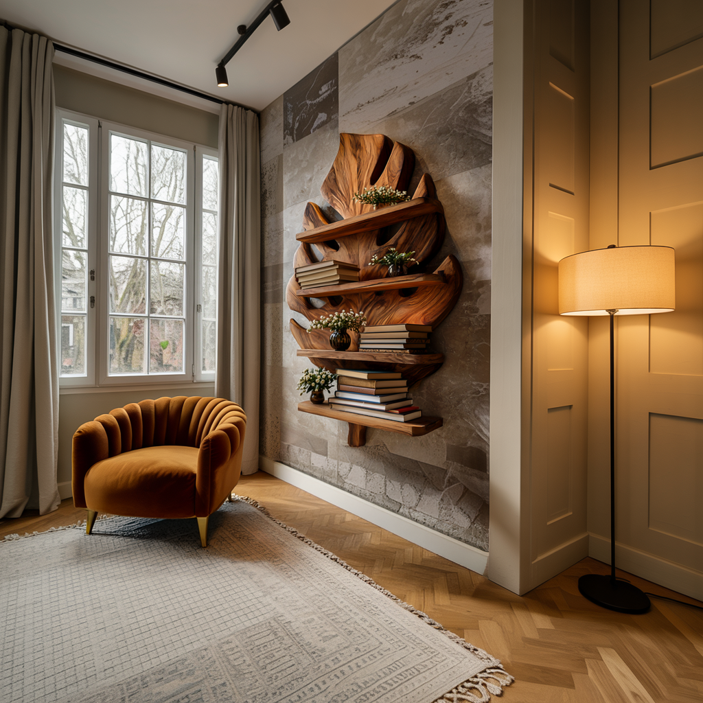 Wooden Tropical Leaf Wall Bookshelf For Living Room