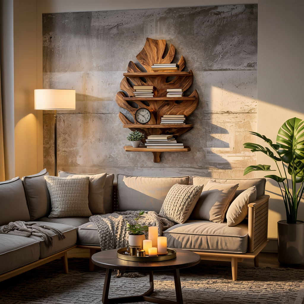 Wooden Tropical Leaf Wall Bookshelf For Living Room