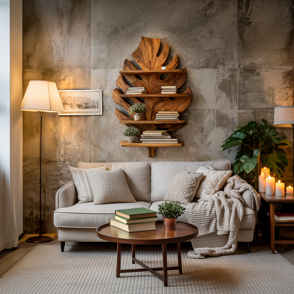 Wooden Tropical Leaf Wall Bookshelf For Living Room