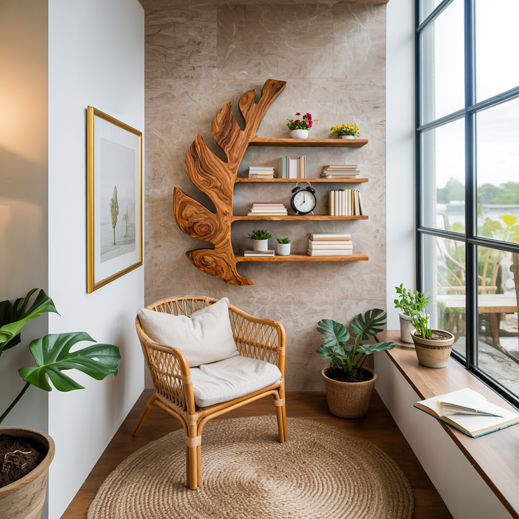 Organic Wooden Leaf Floating Bookshelf For Modern Home