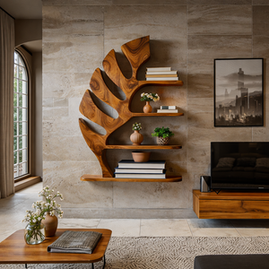 Organic Wooden Leaf Bookshelf For Books Plants And Decorative Objects