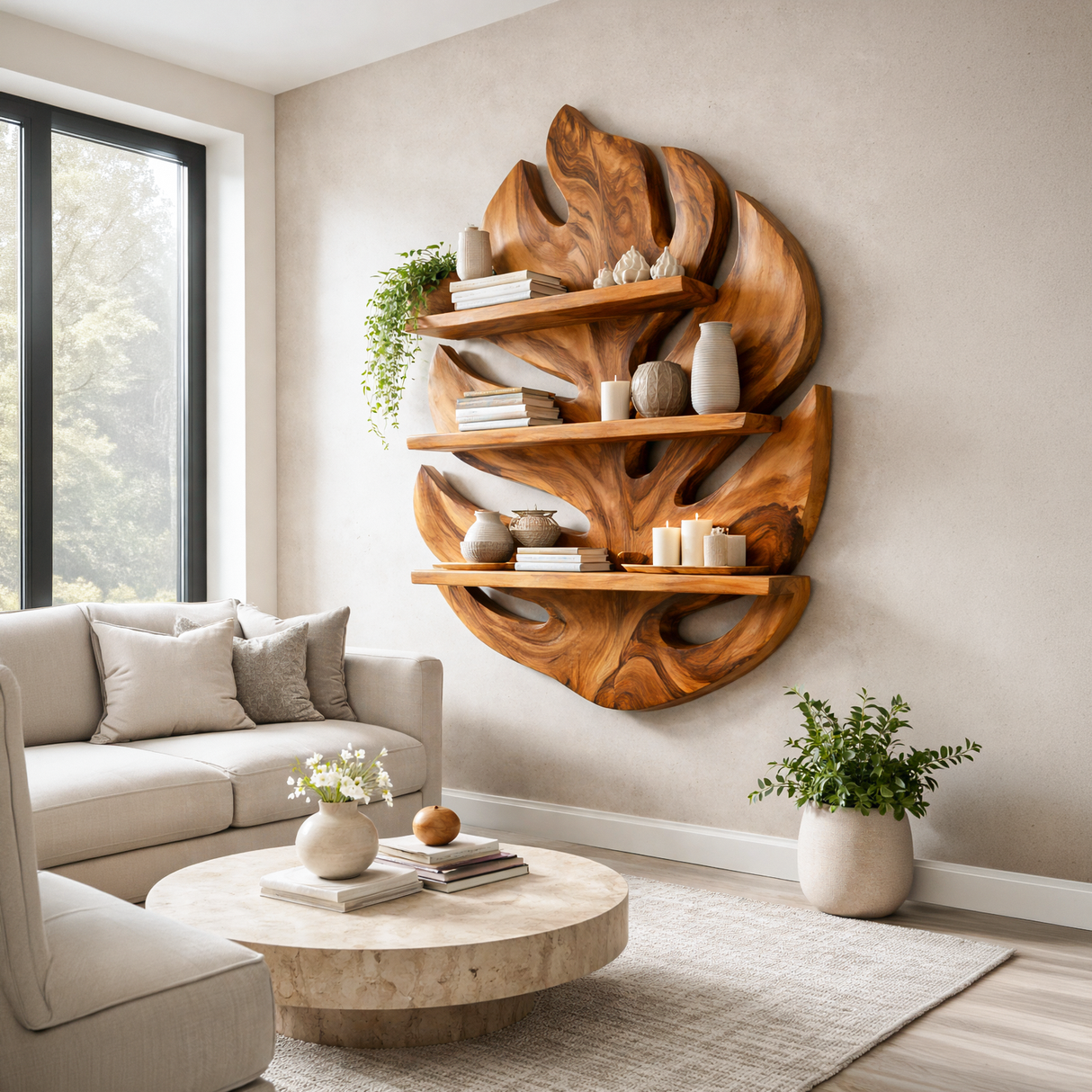 Monstera Leaf Wooden Bookshelf For Living Wall Decor