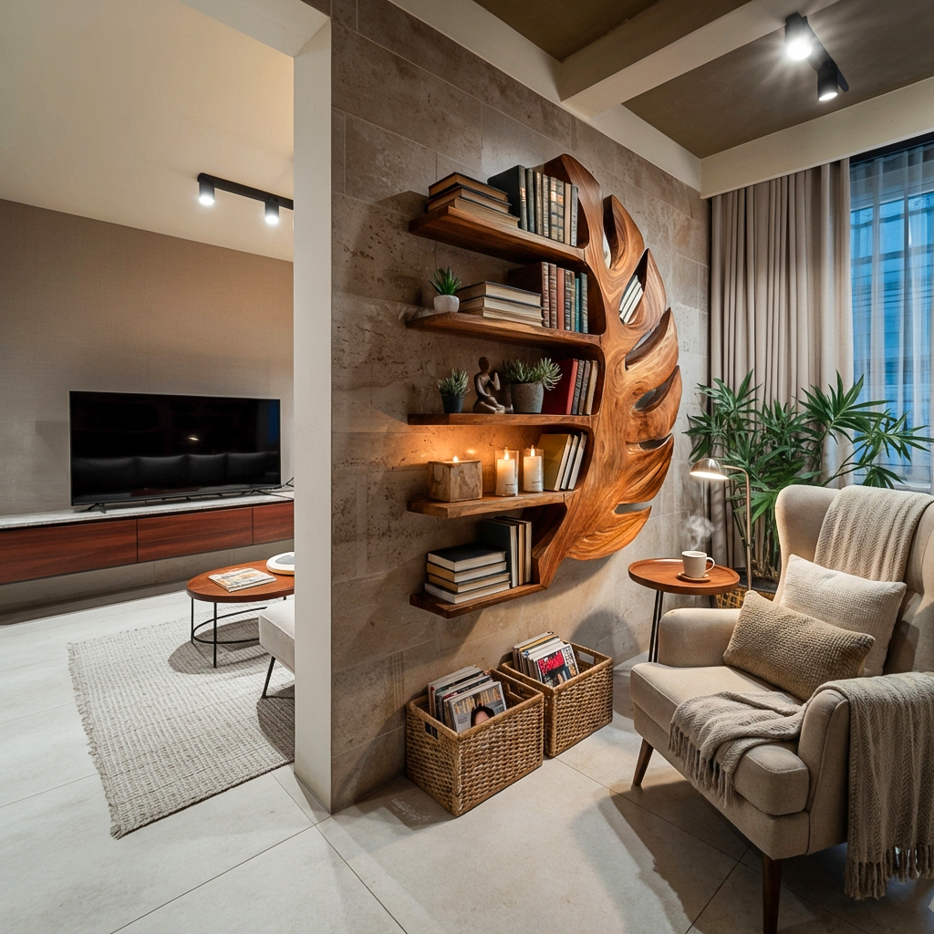 Sculptural Wood Monstera Leaf Bookshelf For Contemporary Interior