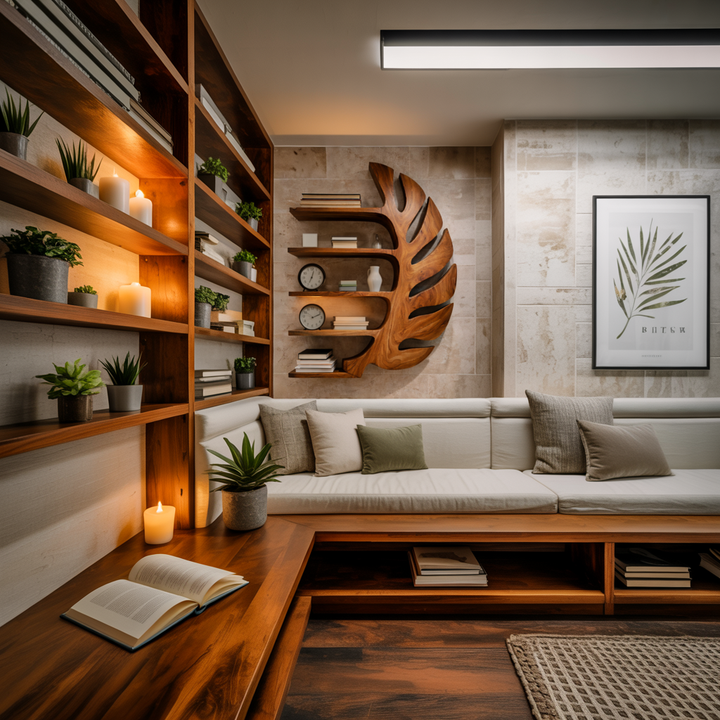 Sculptural Wood Monstera Leaf Bookshelf For Contemporary Interior