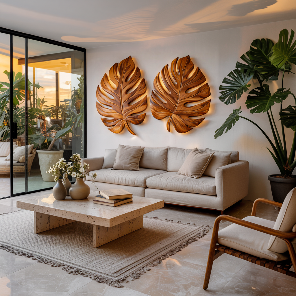 Organic Wooden Palm Leaf Wall Art For Scandinavian Interior