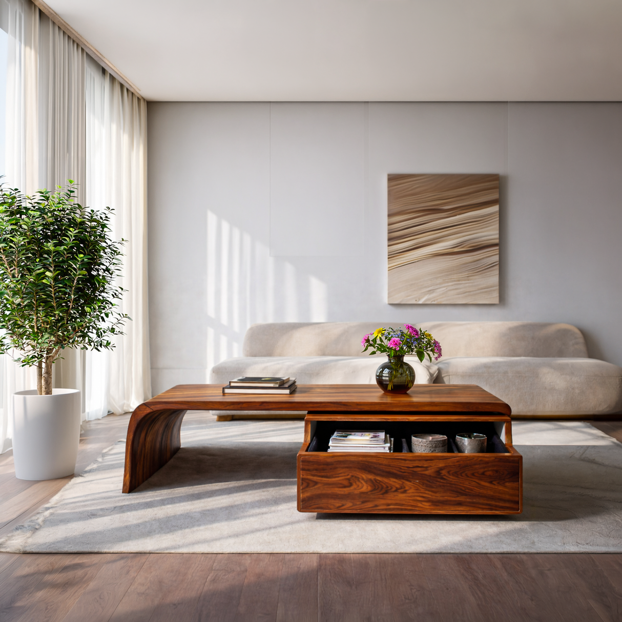 Artistic Wood Coffee Table With Drawers For Living Room