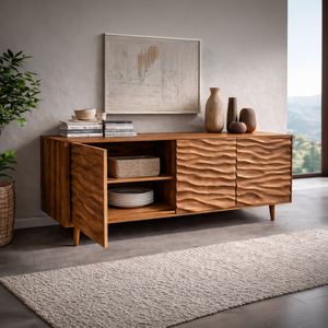 Modern Wooden Sideboard With Carved Wave Doors For Contemporary Living