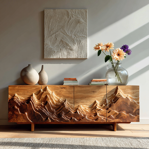 Artistic Sideboard With Carved Mountain Doors For Living Room