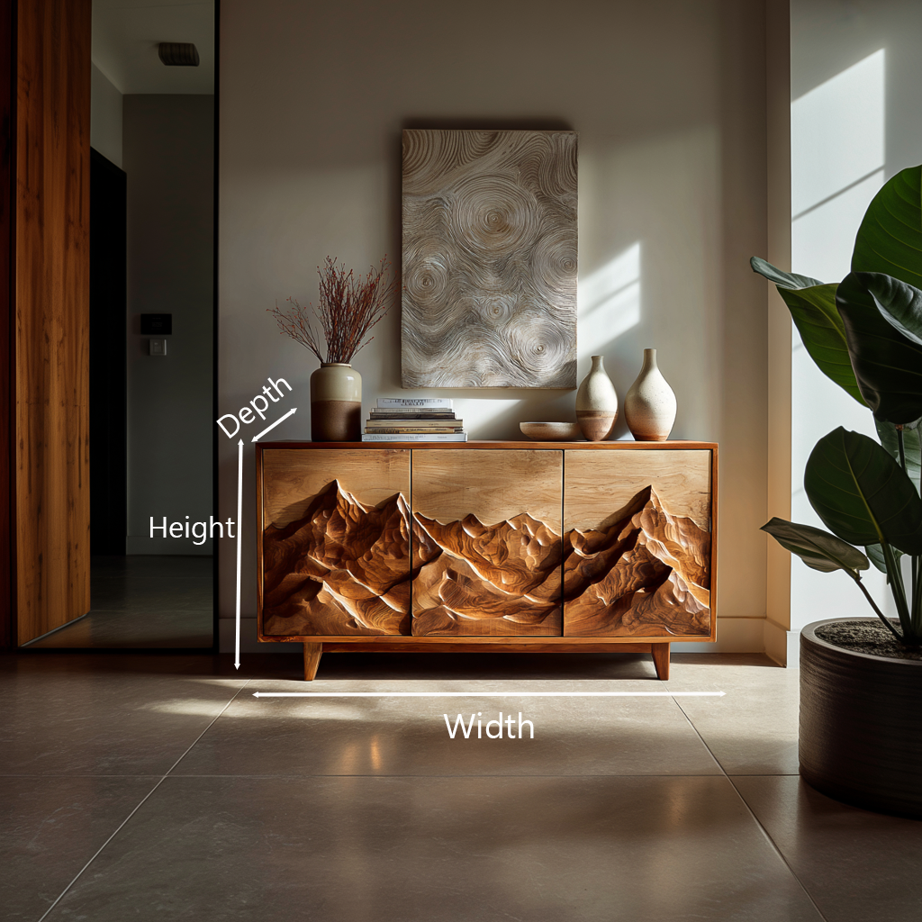 Modern Wood Sideboard With Mountain Relief For Home Interior