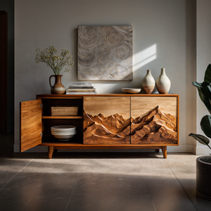 Modern Wood Sideboard With Mountain Relief For Home Interior