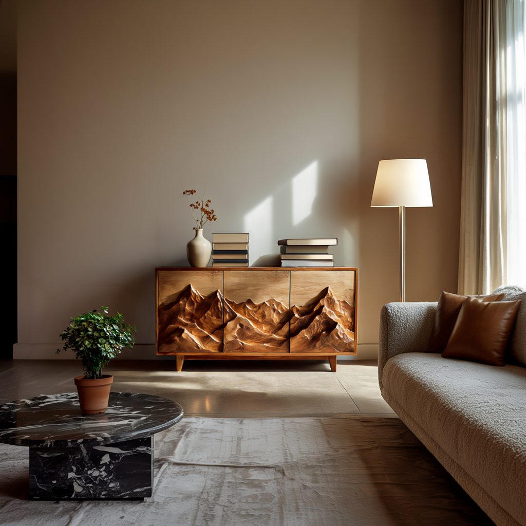 Modern Wood Sideboard With Mountain Relief For Home Interior