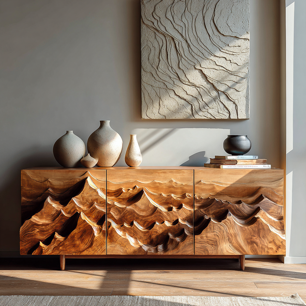 Modern Sideboard With Layered Mountain Carving For Living Room
