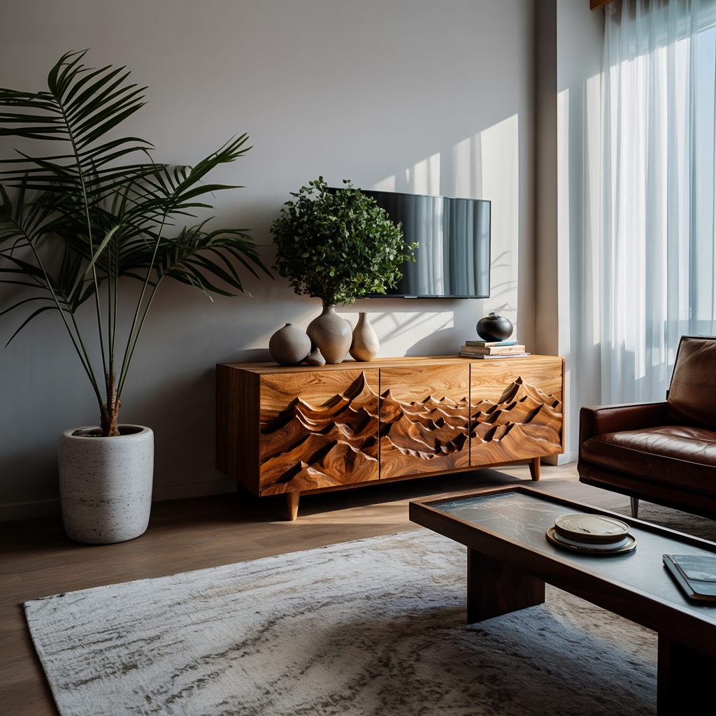 Modern Sideboard With Layered Mountain Carving For Living Room