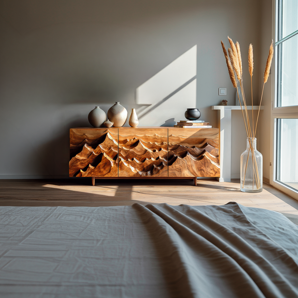 Modern Sideboard With Layered Mountain Carving For Living Room