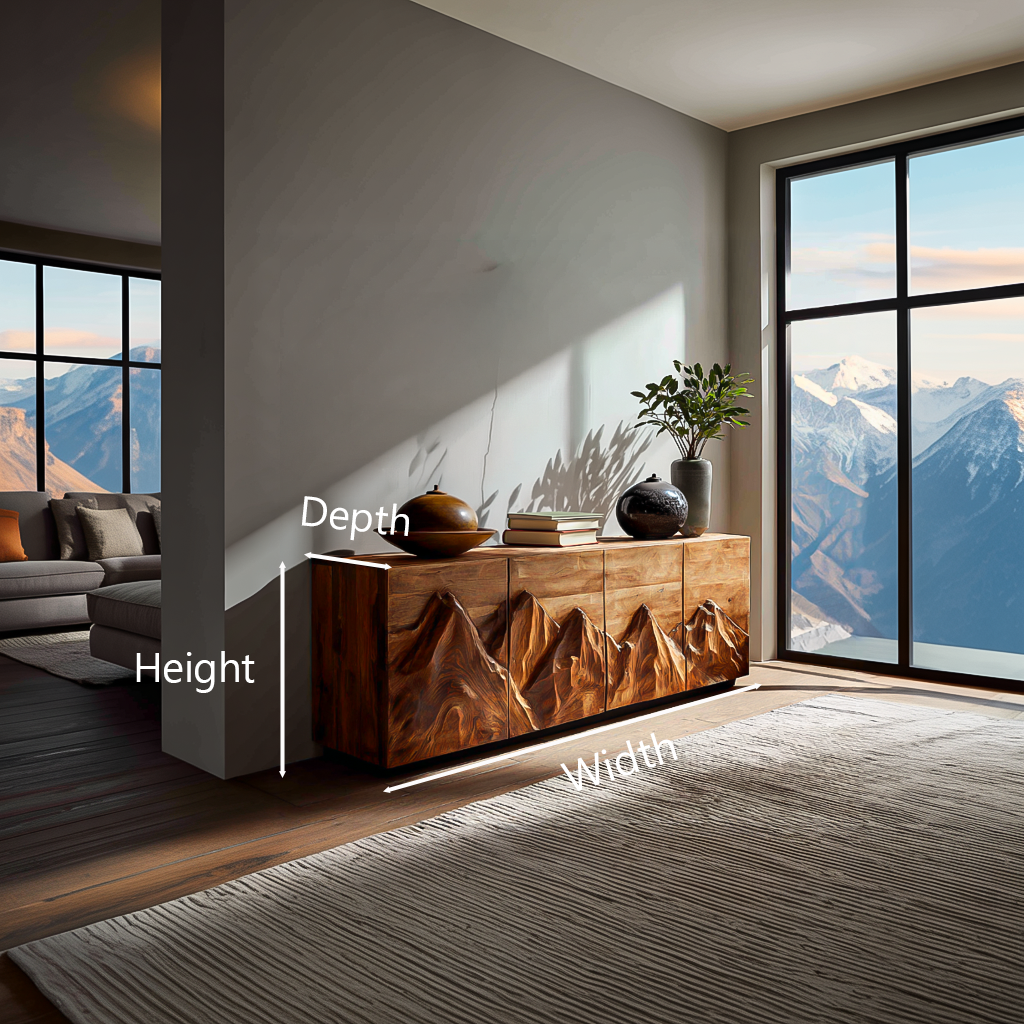Modern Wooden Sideboard With Mountain Landscape Doors For Interior