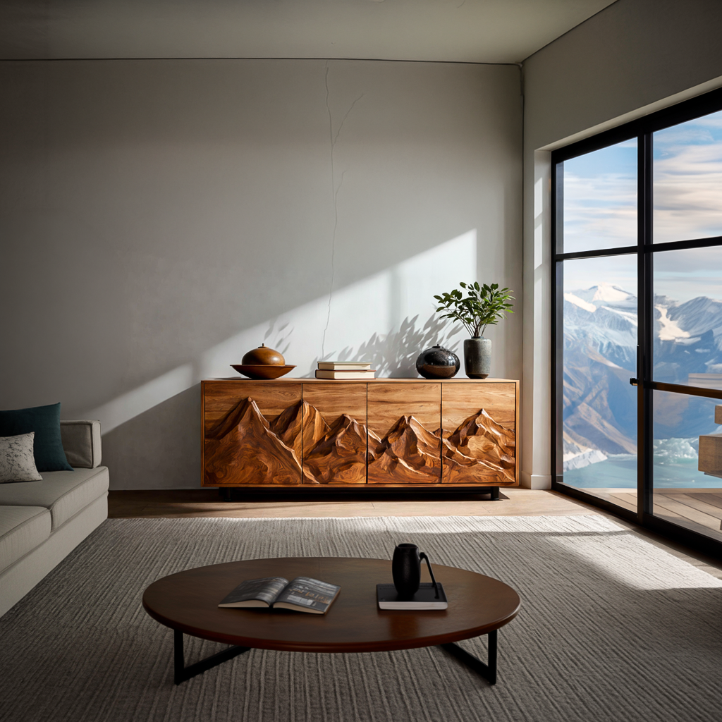 Modern Wooden Sideboard With Mountain Landscape Doors For Interior