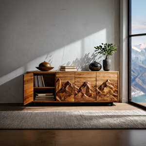 Modern Wooden Sideboard With Mountain Landscape Doors For Interior