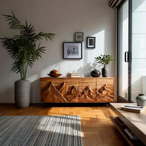 Modern Wooden Sideboard With Mountain Landscape Doors For Interior