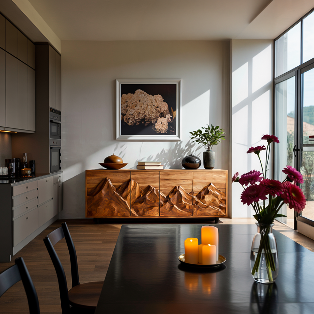 Modern Wooden Sideboard With Mountain Landscape Doors For Interior