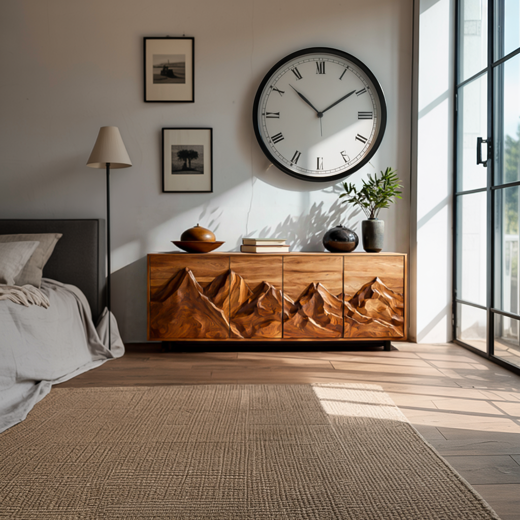 Modern Wooden Sideboard With Mountain Landscape Doors For Interior