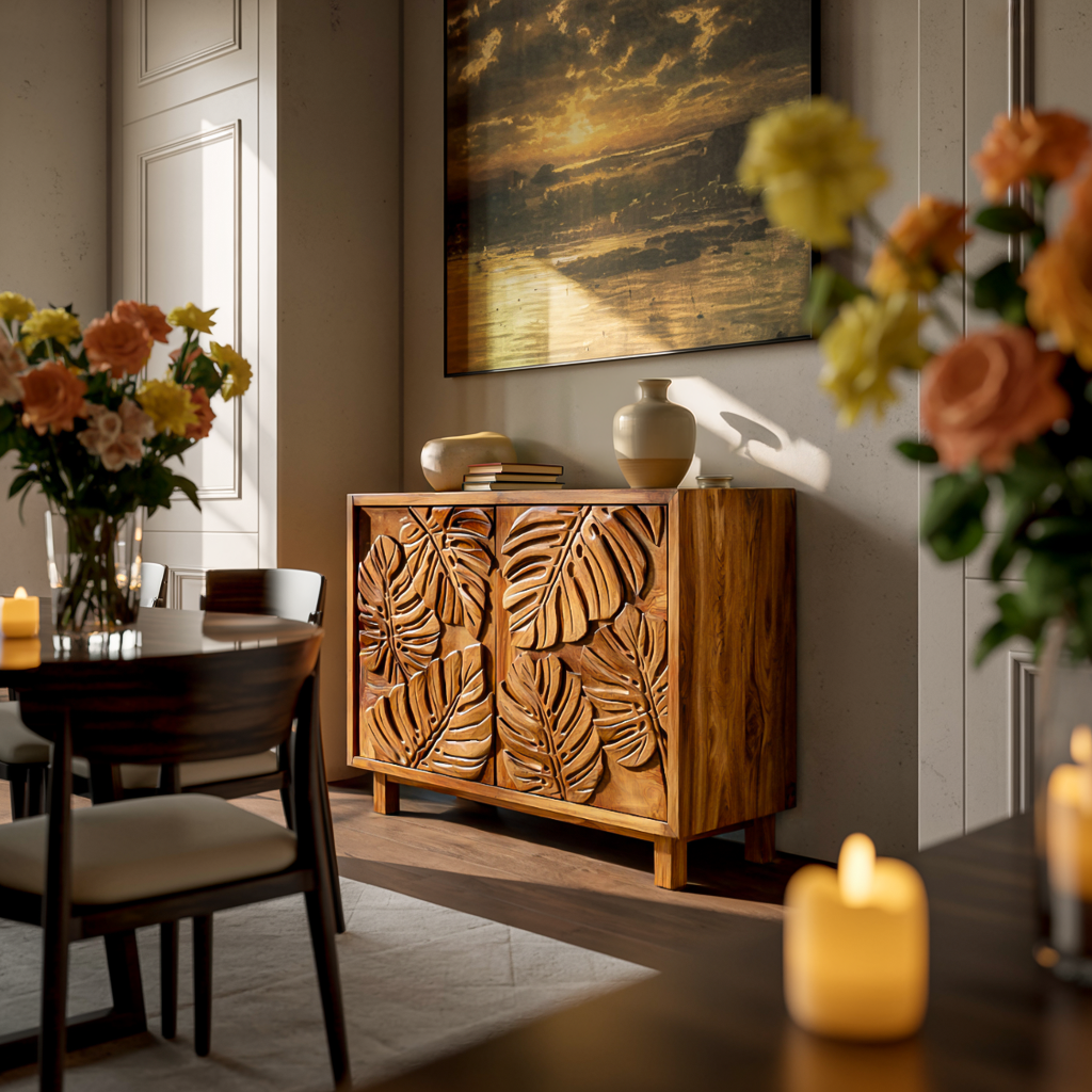 Modern Wooden Sideboard With Leaf Carved Doors For Home