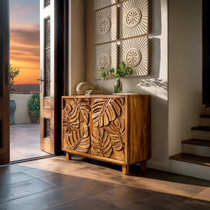 Modern Wooden Sideboard With Leaf Carved Doors For Home