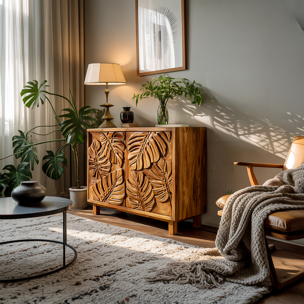 Modern Wooden Sideboard With Leaf Carved Doors For Home