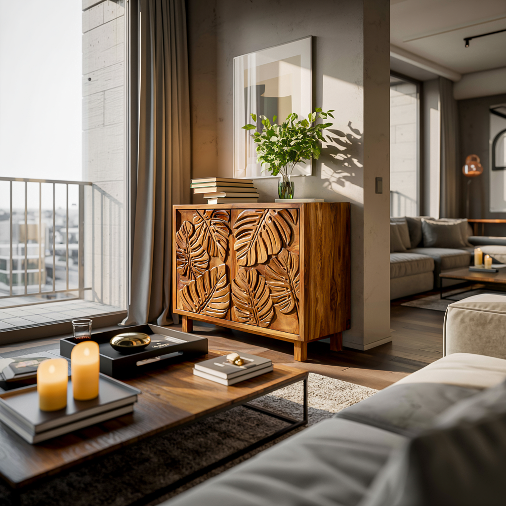 Modern Wooden Sideboard With Leaf Carved Doors For Home