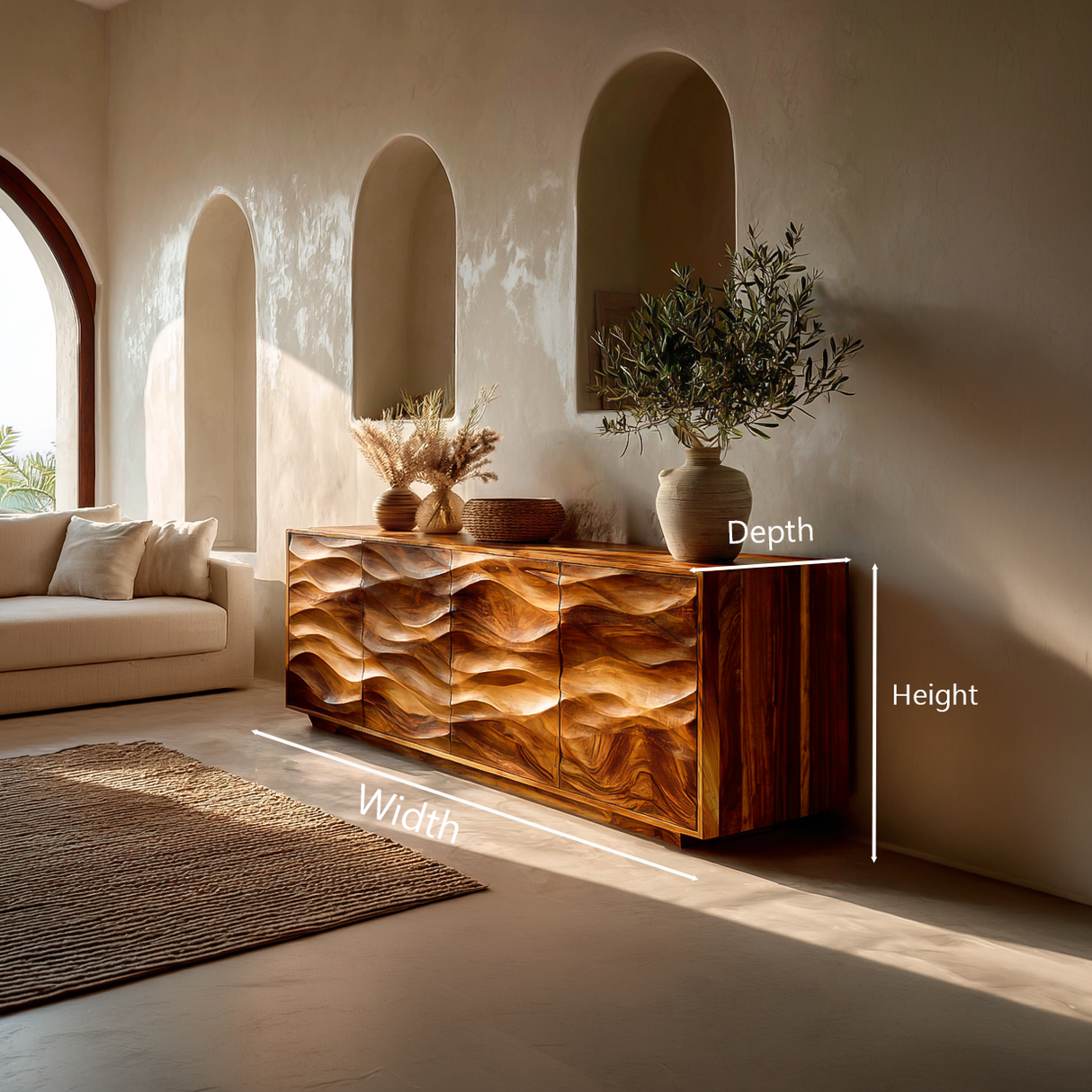 Minimalist Wooden Wave Carved Sideboard For Home