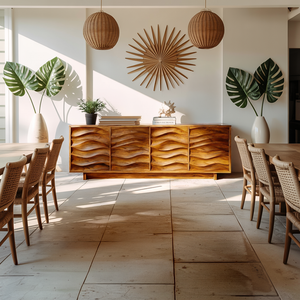 Artistic Wooden Sideboard With Wave Pattern Doors For Home