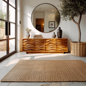 Artistic Wooden Sideboard With Wave Pattern Doors For Home