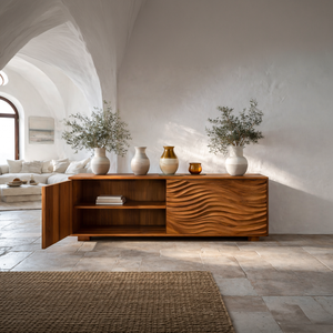 Handcrafted Wooden Sideboard With Sculpted Wave For Living Room