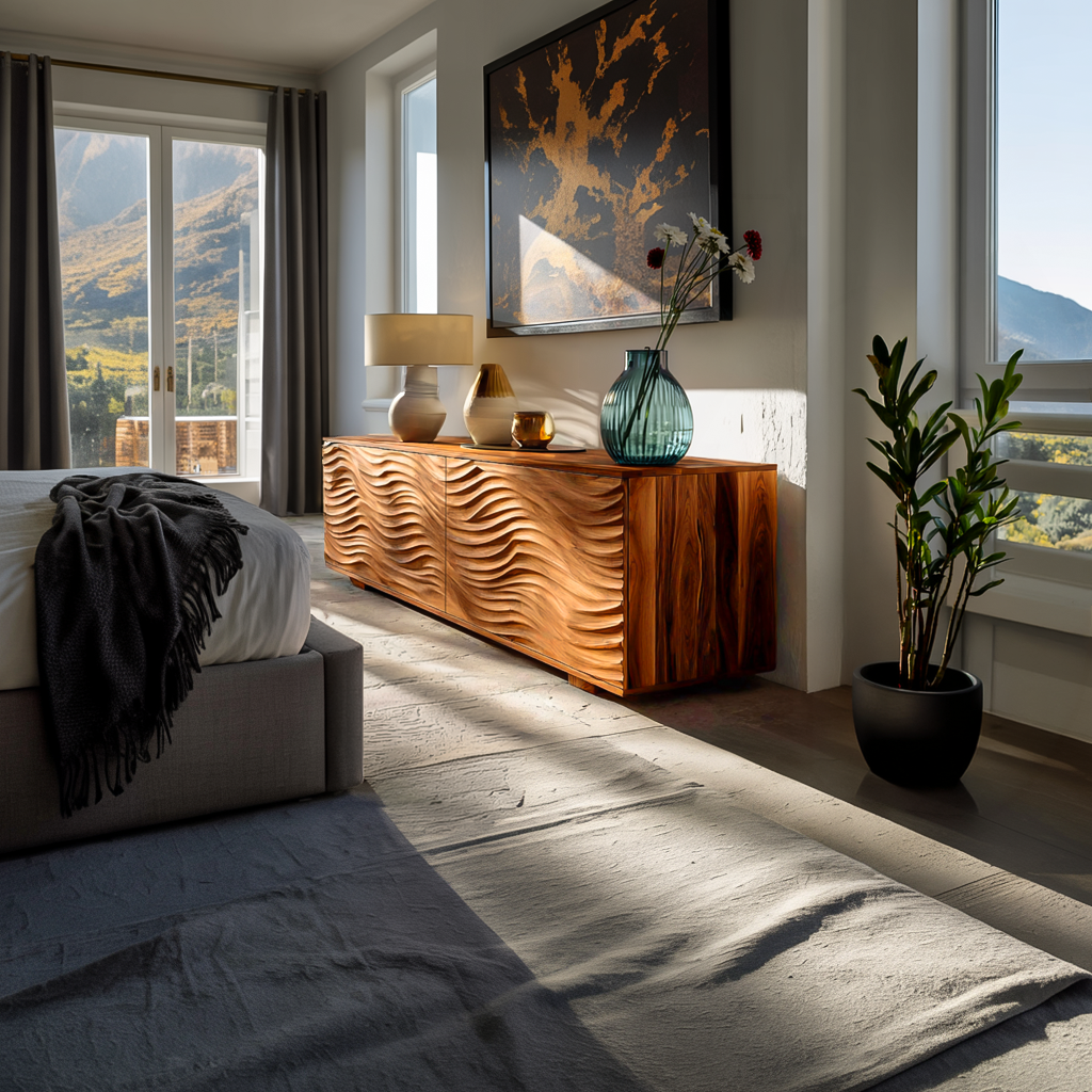 Handcrafted Wooden Sideboard With Sculpted Wave For Living Room