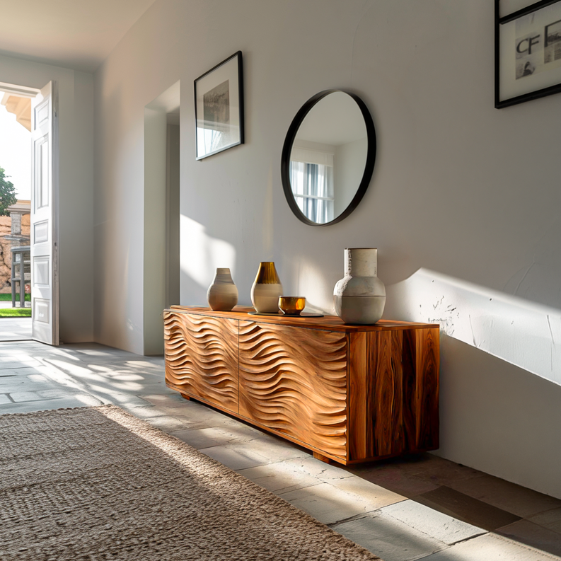 Handcrafted Wooden Sideboard With Sculpted Wave For Living Room