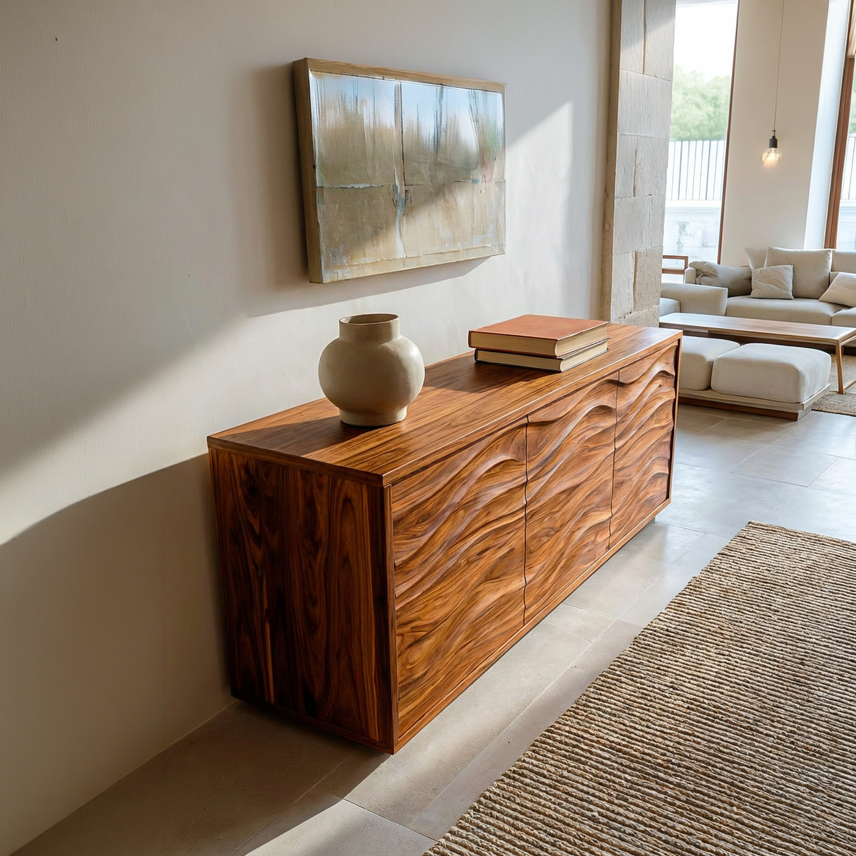 Modern Wood Sideboard With Wave Doors For Home Decor